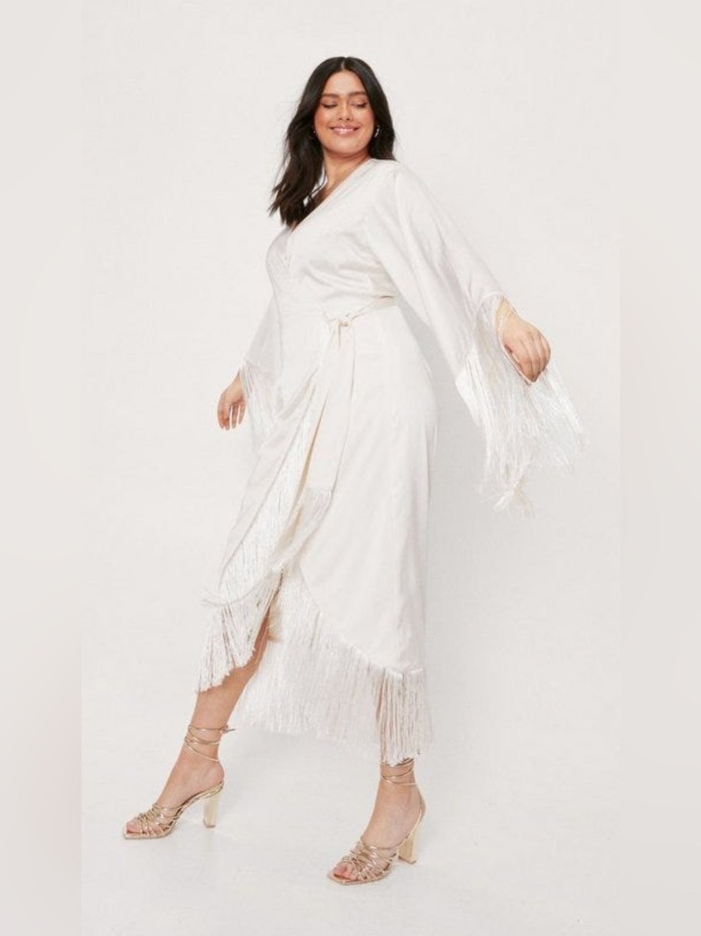Nasty Gal NWT white Fringe Wrap bridal Dress size 16